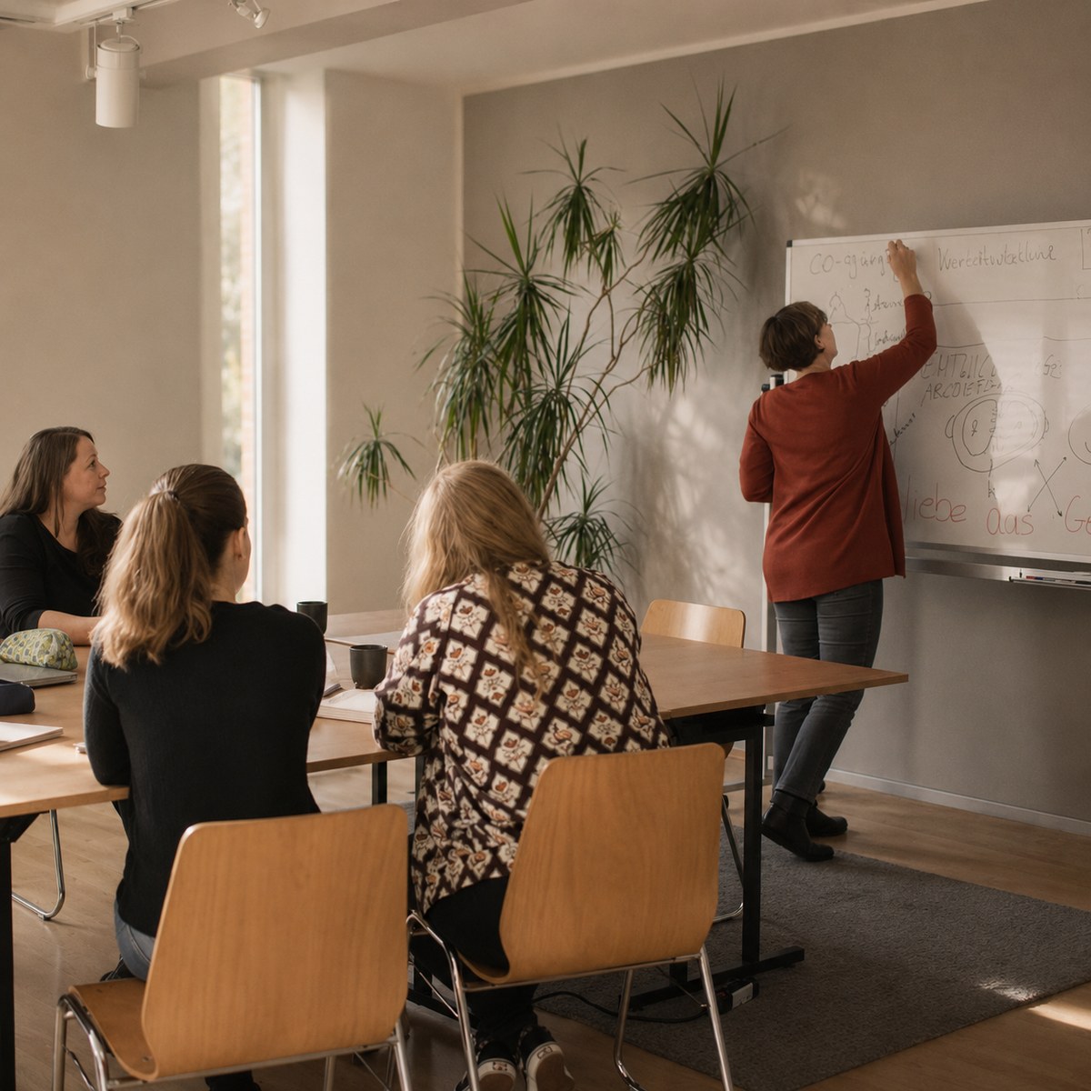 Dozentin erklärt Teilnehmenden ein Thema am Whiteboard in einem hellen Seminarraum